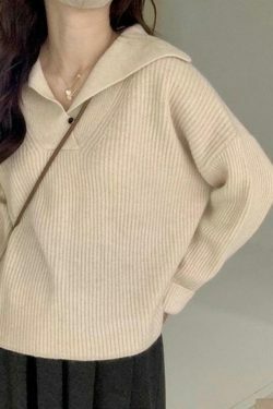 Coquette Aesthetic Solid Color Lapel Neck Baggy Sweater