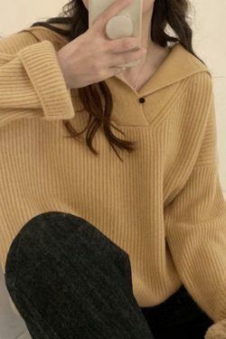 Coquette Aesthetic Solid Color Lapel Neck Baggy Sweater