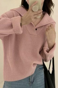 Coquette Aesthetic Solid Color Lapel Neck Baggy Sweater