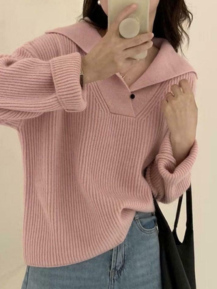 Coquette Aesthetic Solid Color Lapel Neck Baggy Sweater Coquette Aesthetic Solid Color Lapel Neck Baggy Sweater