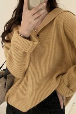 Coquette Aesthetic Solid Color Lapel Neck Baggy Sweater
