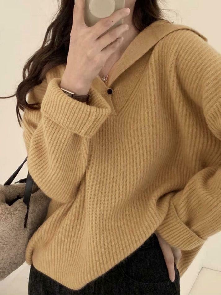 Coquette Aesthetic Solid Color Lapel Neck Baggy Sweater Coquette Aesthetic Solid Color Lapel Neck Baggy Sweater