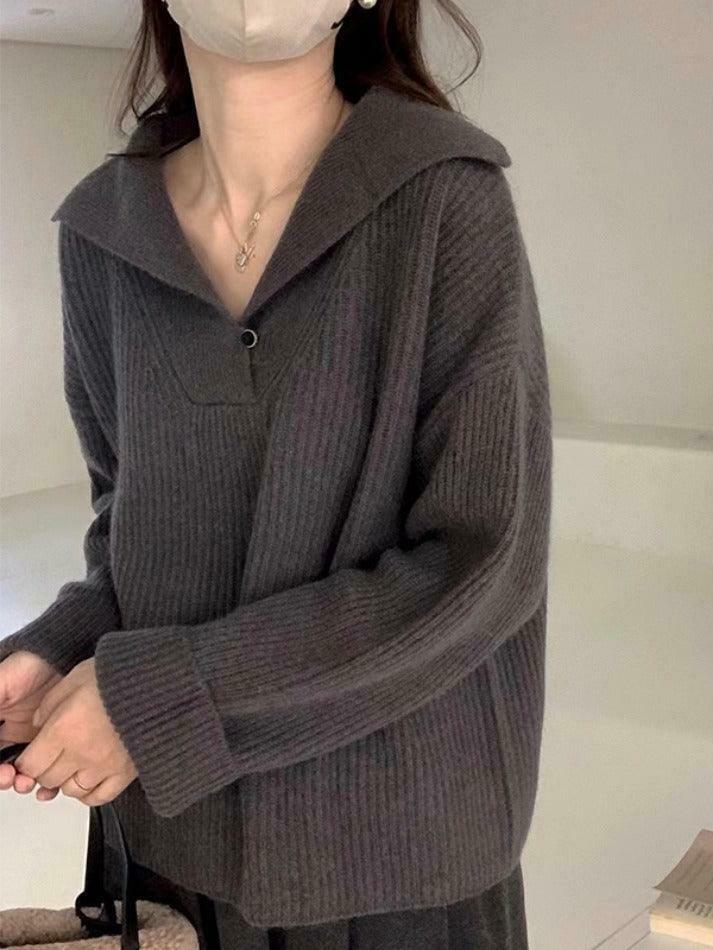 Coquette Aesthetic Solid Color Lapel Neck Baggy Sweater Coquette Aesthetic Solid Color Lapel Neck Baggy Sweater