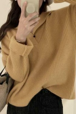 Coquette Aesthetic Solid Color Lapel Neck Baggy Sweater