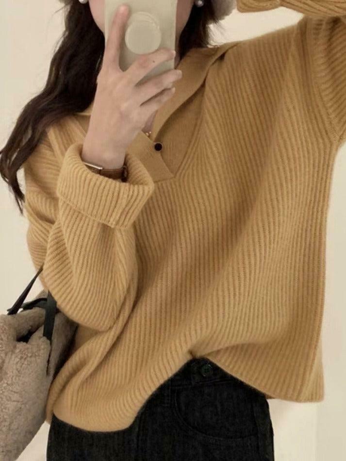 Coquette Aesthetic Solid Color Lapel Neck Baggy Sweater Coquette Aesthetic Solid Color Lapel Neck Baggy Sweater