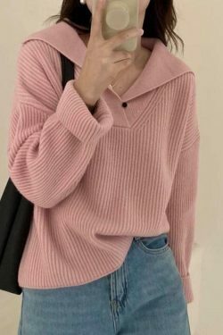 Coquette Aesthetic Solid Color Lapel Neck Baggy Sweater