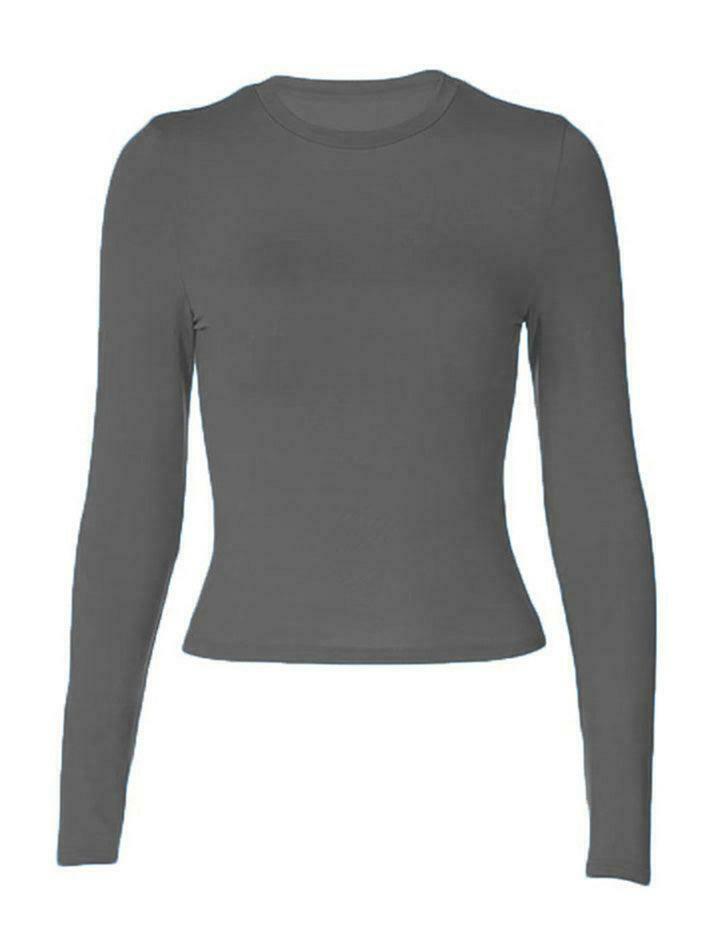 Coquette Aesthetic Solid Color Long Sleeve Top - Y2K Fashion Grunge Style