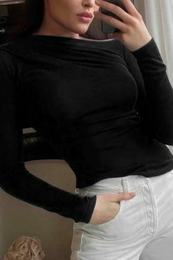 Coquette Aesthetic Solid Color Pleating Slim Long Sleeve Tee - Y2K Fashion Women's Top