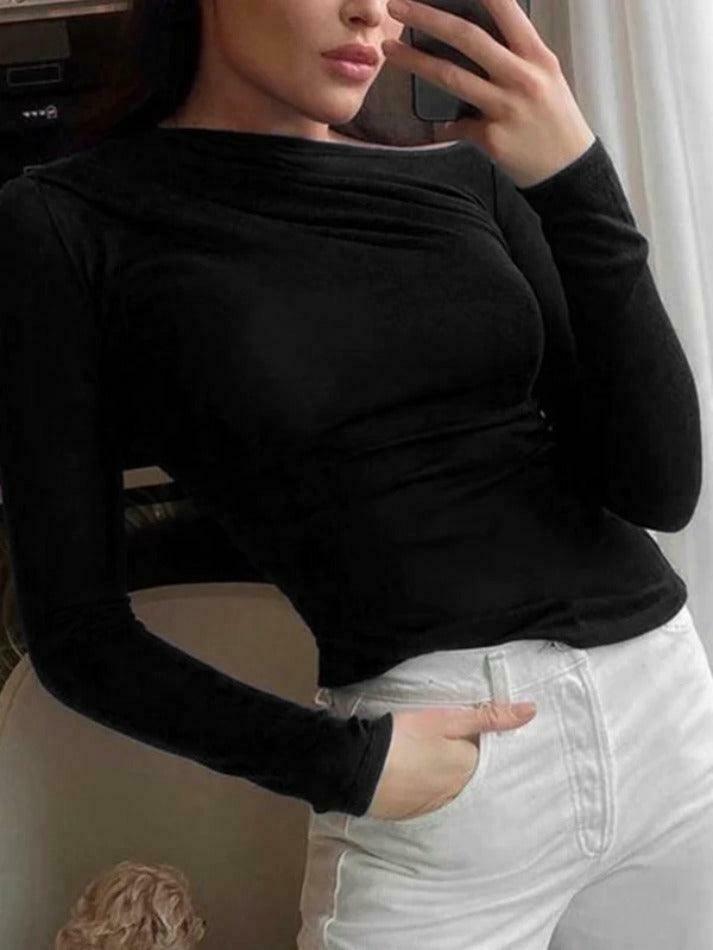 Coquette Aesthetic Solid Color Pleating Slim Long Sleeve Tee - Y2K Fashion Women's Top Coquette Aesthetic Solid Color Pleating Slim Long Sleeve Tee - Y2K Fashion Women's Top