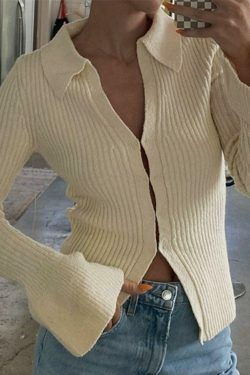 Coquette Aesthetic Solid Color Ribbed Flare Long Sleeve Shirt