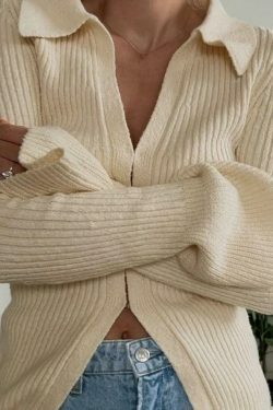 Coquette Aesthetic Solid Color Ribbed Flare Long Sleeve Shirt