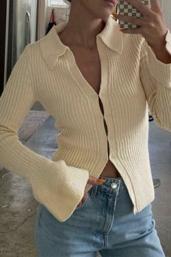 Coquette Aesthetic Solid Color Ribbed Flare Long Sleeve Shirt