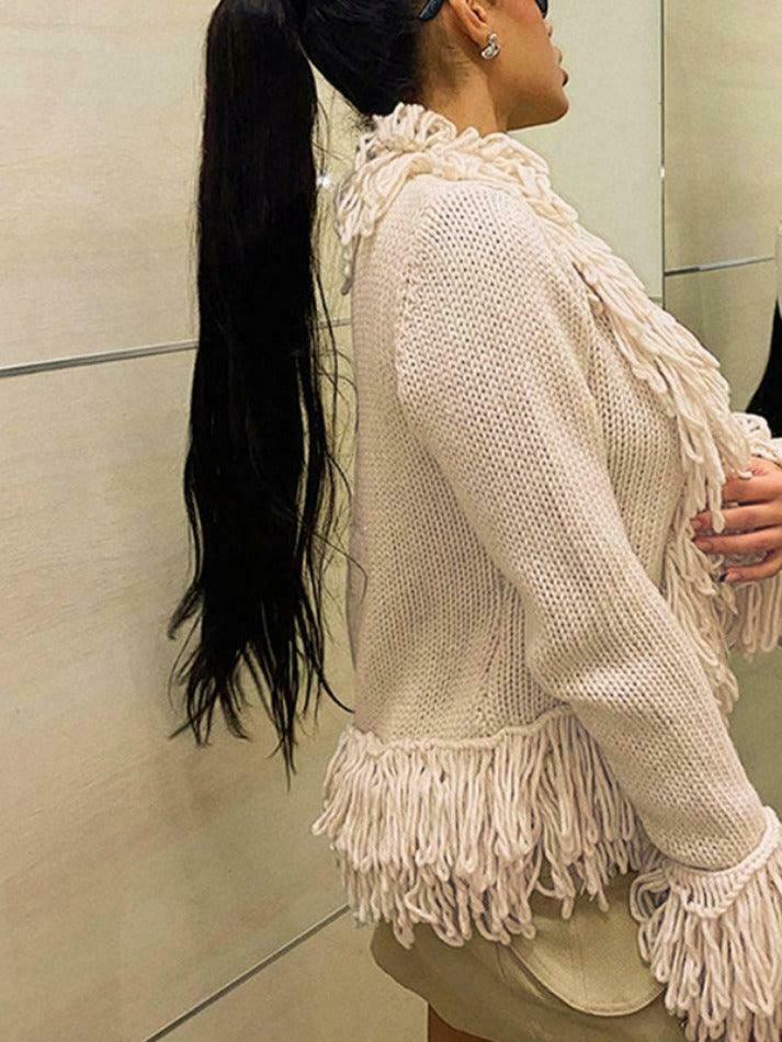 Coquette Aesthetic Solid Color Tassel Splice Cardigan - Y2K Fashion Women's Clothing Coquette Aesthetic Solid Color Tassel Splice Cardigan - Y2K Fashion Women's Clothing
