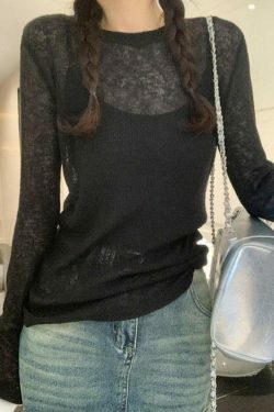 Coquette Aesthetic Solid Color Thin Long Sleeve Knit Sweater