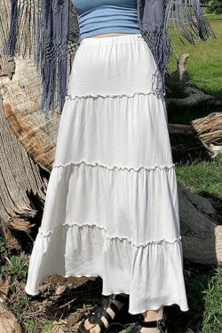 Coquette Aesthetic Solid Color Tiered Midi Skirt