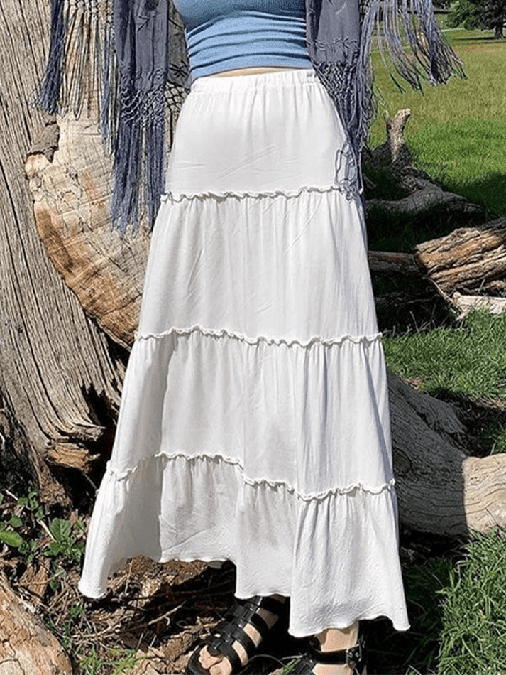 Coquette Aesthetic Solid Color Tiered Midi Skirt