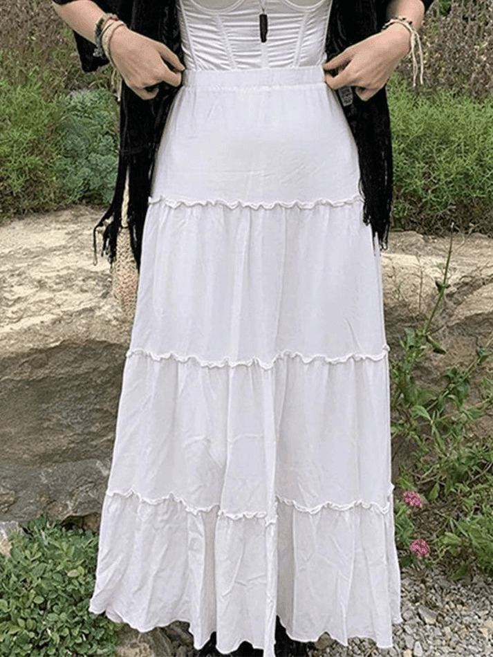Coquette Aesthetic Solid Color Tiered Midi Skirt