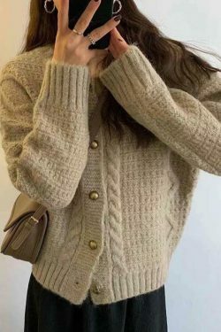 Coquette Aesthetic Solid Color Twist Knit Cardigan - Y2K Fashion Women's Clothing