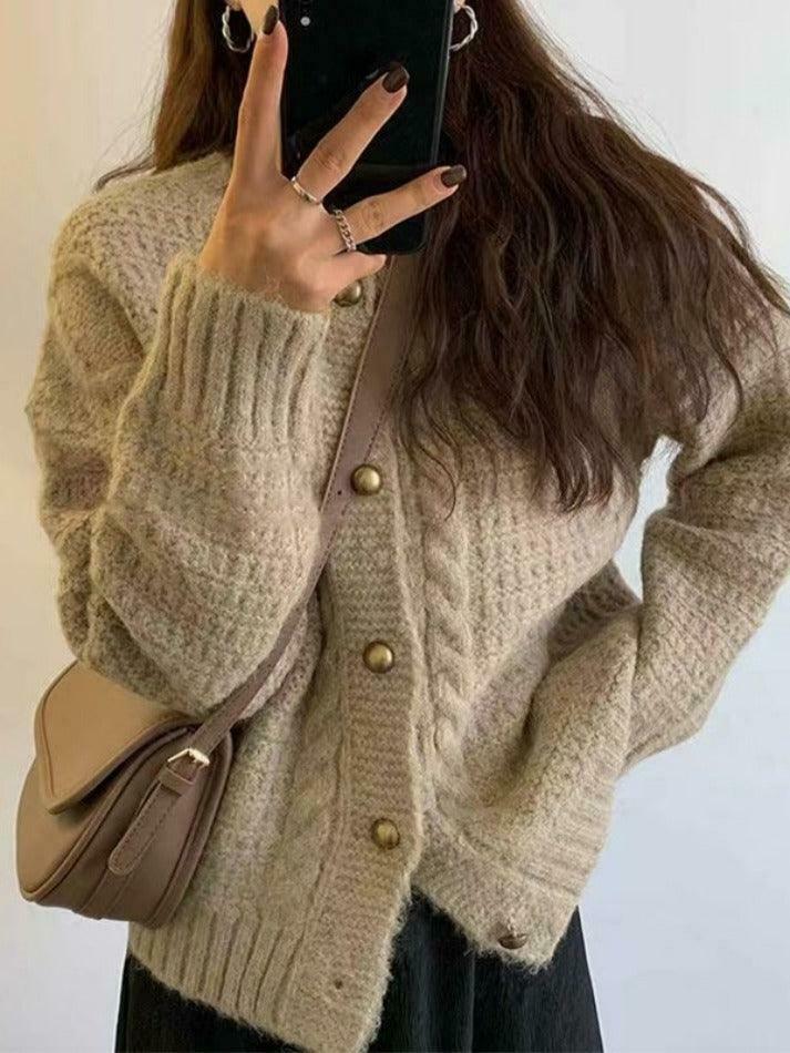 Coquette Aesthetic Solid Color Twist Knit Cardigan - Y2K Fashion Women's Clothing Coquette Aesthetic Solid Color Twist Knit Cardigan - Y2K Fashion Women's Clothing