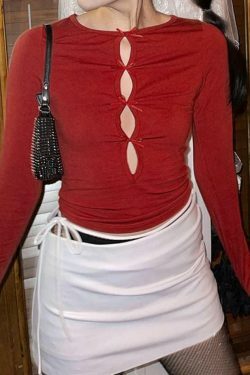 Coquette Aesthetic Solid Cutout Bow Long Sleeve Tee - Y2K Fashion Grunge Style Cute Tops