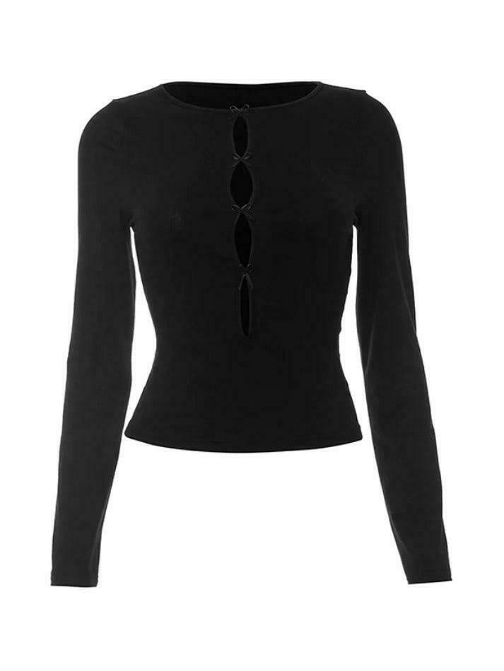 Coquette Aesthetic Solid Cutout Bow Long Sleeve Tee - Y2K Fashion Grunge Style Cute Tops