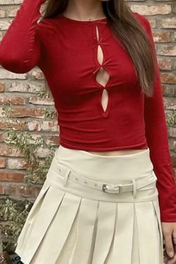 Coquette Aesthetic Solid Cutout Bow Long Sleeve Tee - Y2K Fashion Grunge Style Cute Tops