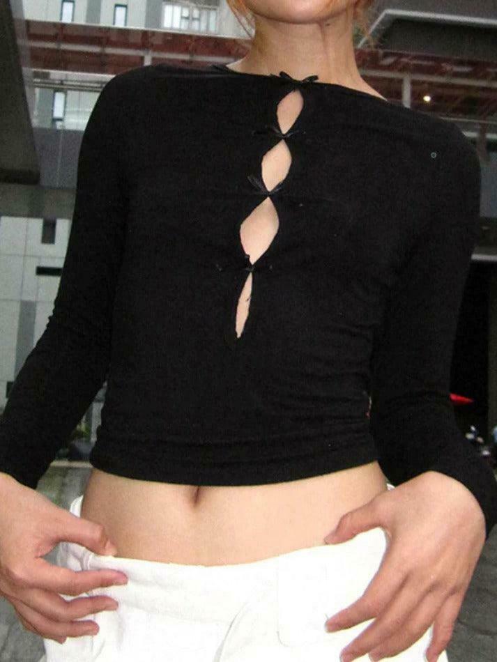 Coquette Aesthetic Solid Cutout Bow Long Sleeve Tee - Y2K Fashion Grunge Style Cute Tops