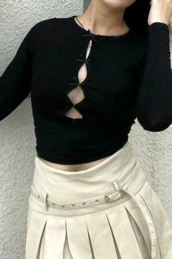 Coquette Aesthetic Solid Cutout Bow Long Sleeve Tee - Y2K Fashion Grunge Style Cute Tops