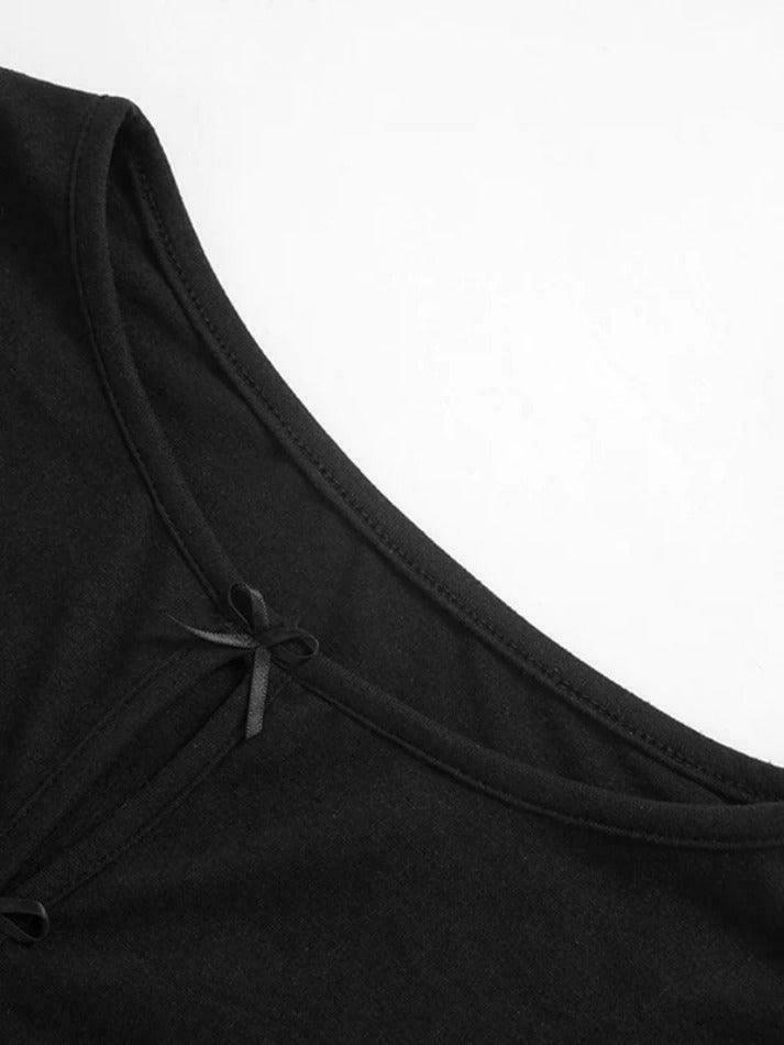 Coquette Aesthetic Solid Cutout Bow Long Sleeve Tee - Y2K Fashion Grunge Style Cute Tops