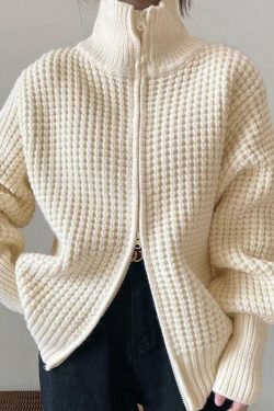 Coquette Aesthetic Solid Double Zip Turtleneck Sweater