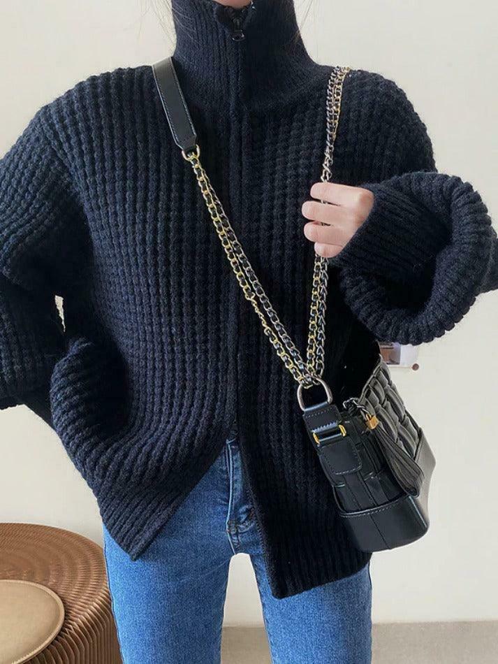 Coquette Aesthetic Solid Double Zip Turtleneck Sweater Coquette Aesthetic Solid Double Zip Turtleneck Sweater