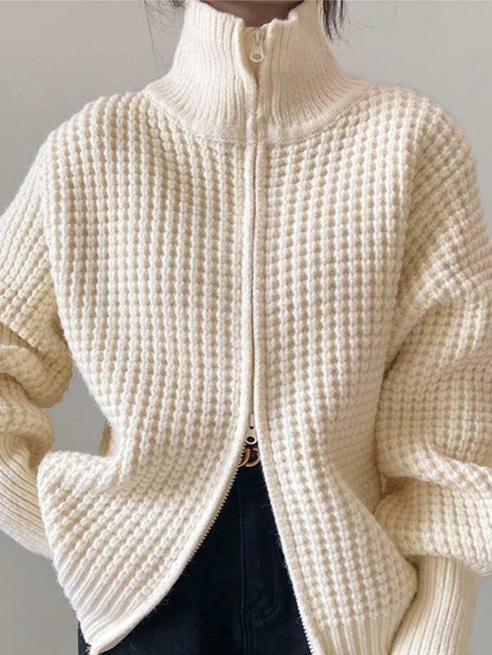 Coquette Aesthetic Solid Double Zip Turtleneck Sweater Coquette Aesthetic Solid Double Zip Turtleneck Sweater