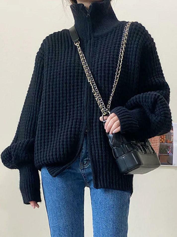 Coquette Aesthetic Solid Double Zip Turtleneck Sweater Coquette Aesthetic Solid Double Zip Turtleneck Sweater