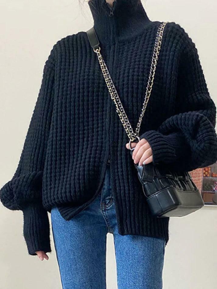 Coquette Aesthetic Solid Double Zip Turtleneck Sweater Coquette Aesthetic Solid Double Zip Turtleneck Sweater