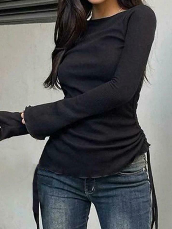 Coquette Aesthetic Solid Drawstring Lace-Up Knit Sweater Coquette Aesthetic Solid Drawstring Lace-Up Knit Sweater