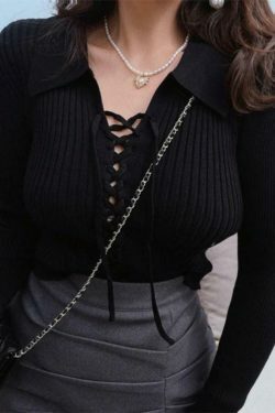 Coquette Aesthetic Solid Drawstring Tie Front Ribbed Sweater