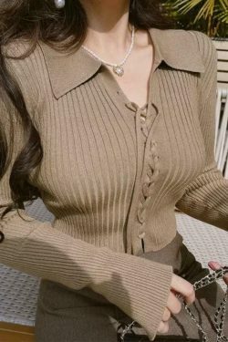 Coquette Aesthetic Solid Drawstring Tie Front Ribbed Sweater