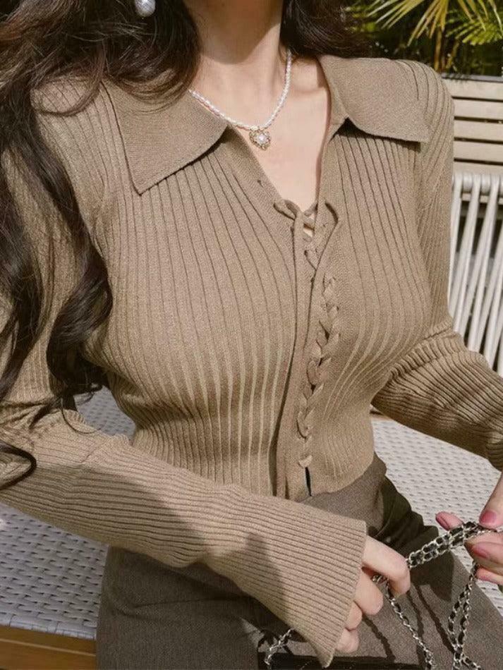 Coquette Aesthetic Solid Drawstring Tie Front Ribbed Sweater Coquette Aesthetic Solid Drawstring Tie Front Ribbed Sweater