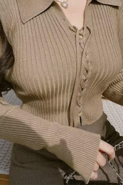 Coquette Aesthetic Solid Drawstring Tie Front Ribbed Sweater