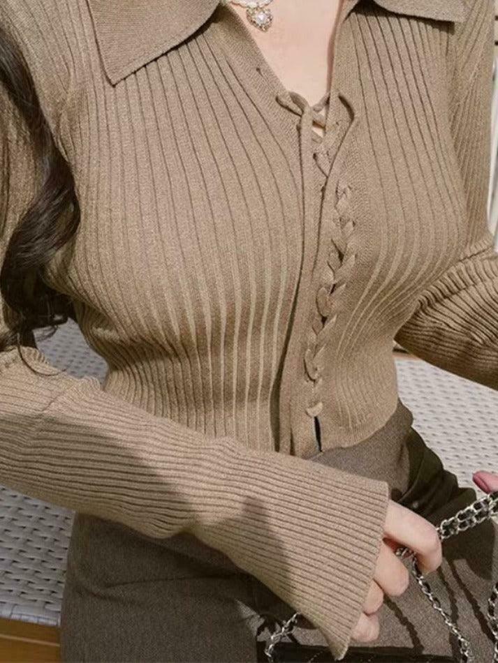 Coquette Aesthetic Solid Drawstring Tie Front Ribbed Sweater Coquette Aesthetic Solid Drawstring Tie Front Ribbed Sweater