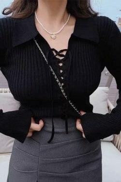 Coquette Aesthetic Solid Drawstring Tie Front Ribbed Sweater