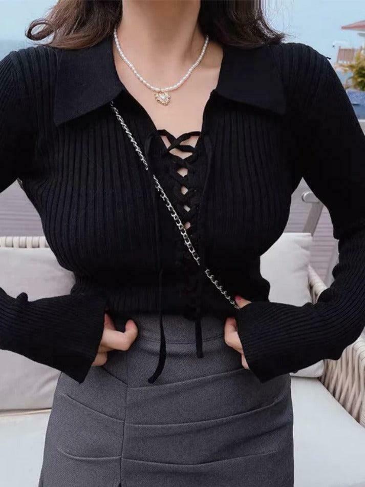 Coquette Aesthetic Solid Drawstring Tie Front Ribbed Sweater Coquette Aesthetic Solid Drawstring Tie Front Ribbed Sweater
