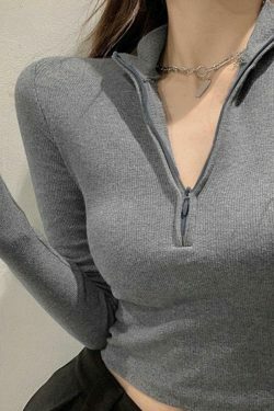 Coquette Aesthetic Solid Half Zip Slim Knit: Y2K Fashion Women's Long Sleeve Top