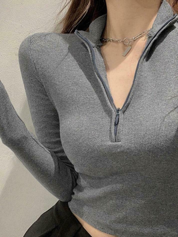 Coquette Aesthetic Solid Half Zip Slim Knit: Y2K Fashion Women's Long Sleeve Top