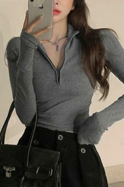 Coquette Aesthetic Solid Half Zip Slim Knit: Y2K Fashion Women's Long Sleeve Top