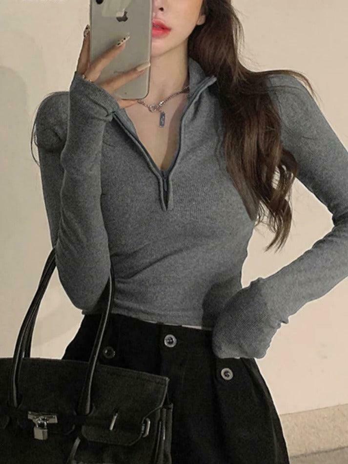 Coquette Aesthetic Solid Half Zip Slim Knit: Y2K Fashion Women's Long Sleeve Top