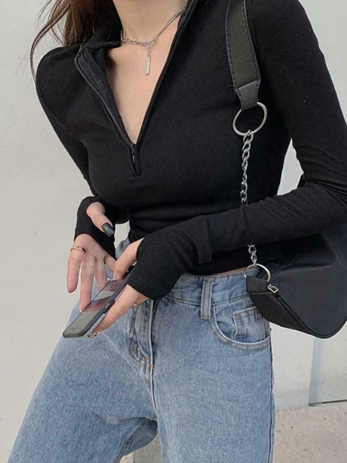 Coquette Aesthetic Solid Half Zip Slim Knit: Y2K Fashion Women's Long Sleeve Top