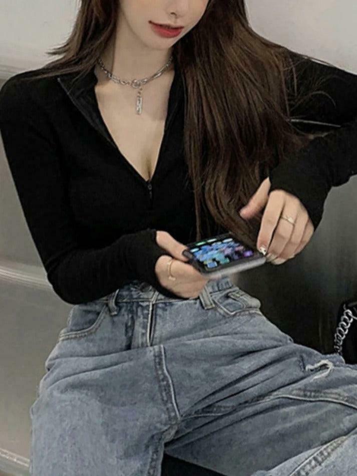 Coquette Aesthetic Solid Half Zip Slim Knit: Y2K Fashion Women's Long Sleeve Top