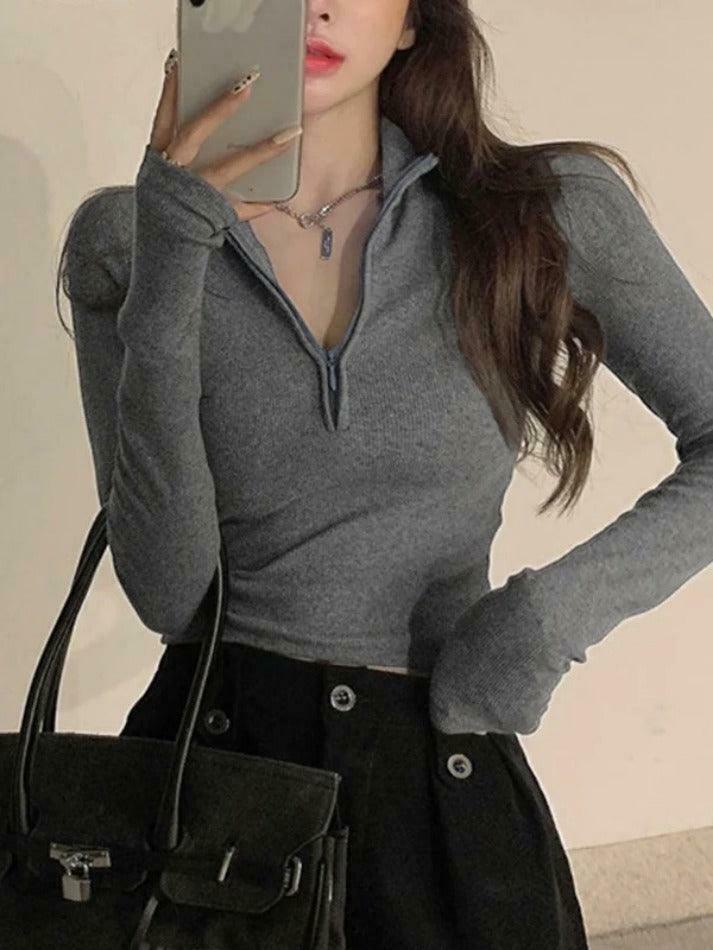 Coquette Aesthetic Solid Half Zip Slim Knit: Y2K Fashion Women's Long Sleeve Top