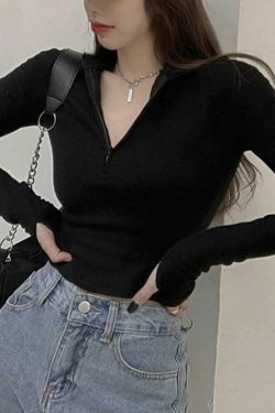 Coquette Aesthetic Solid Half Zip Slim Knit: Y2K Fashion Women's Long Sleeve Top